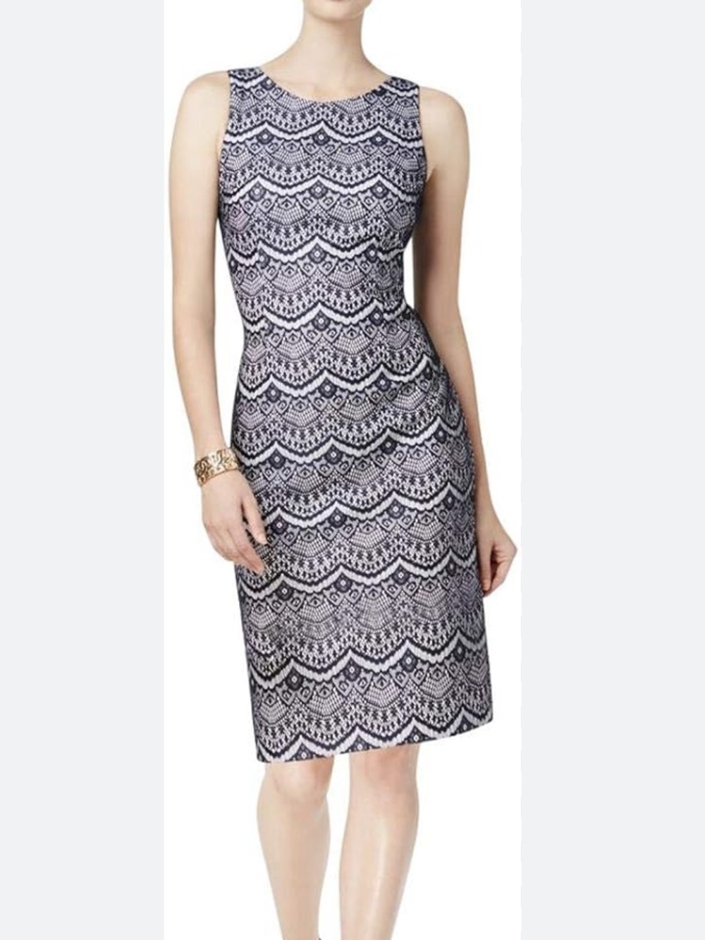 Sophisticated Jessica Simpson Navy and White Sheath Dress w Lace Overlay
